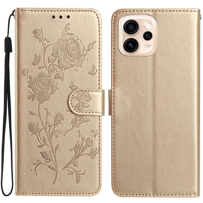 Rose gold leather phone case with embossed floral pattern and folio wallet strap