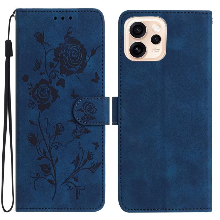 Dark blue leather phone case with embossed floral design and folio wallet strap