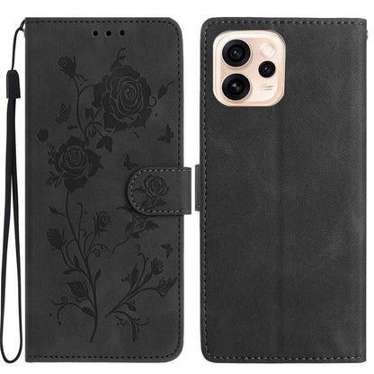 Black leather phone case with embossed floral pattern and folio wallet strap