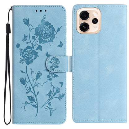 Light blue leather phone case with embossed floral pattern and folio wallet strap