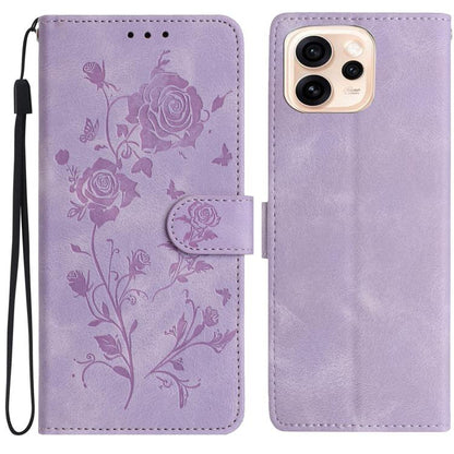Lavender leather phone case with embossed floral pattern and folio wallet strap