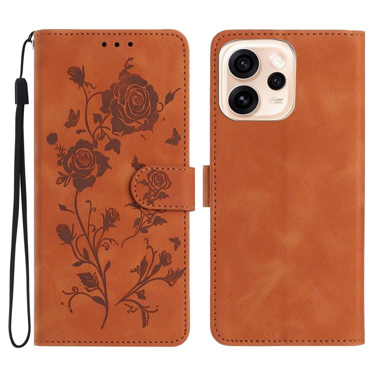 Orange leather phone case with embossed floral pattern and folio wallet strap