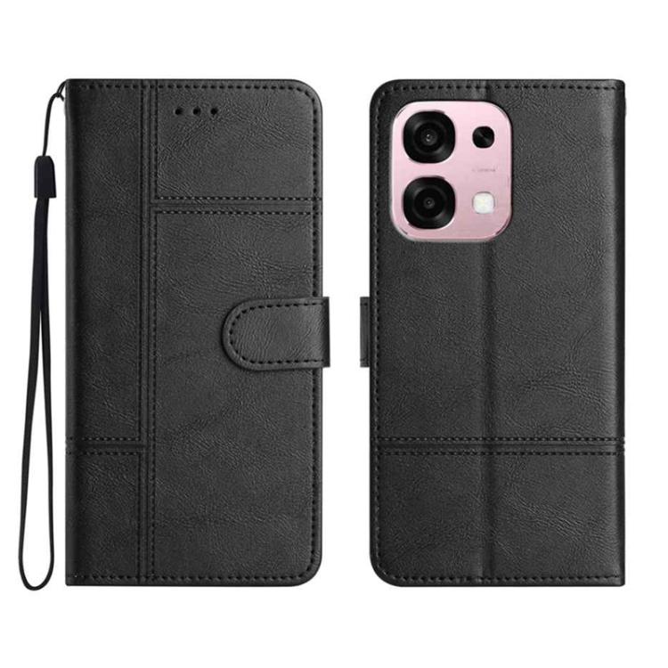 Black leather wallet phone case with wrist strap, flip cover, card slot and stitching