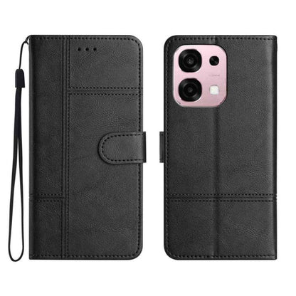 Black leather wallet phone case with wrist strap, flip cover, card slot and stitching
