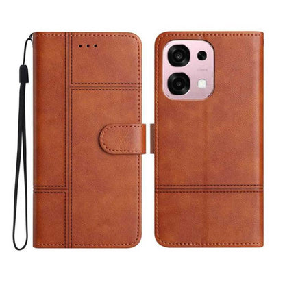 Brown leather wallet phone case with wrist strap, flip cover, stitched card slot