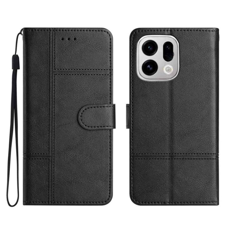 Black leather wallet phone case with wrist strap, flip cover, visible camera cutout