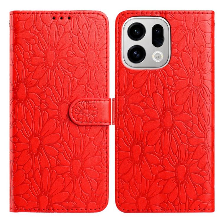 Red embossed flower leather-style wallet phone case with magnetic strap and cutouts