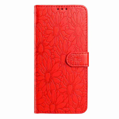 Red embossed flower leather-style phone case with side magnetic closure
