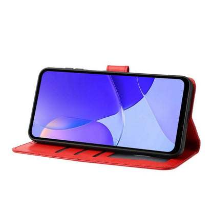 Red leather-style phone case with folio cover and front screen window