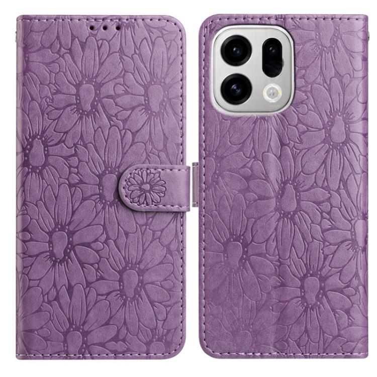 Purple daisy embossed leather phone case with folio wallet and magnetic strap