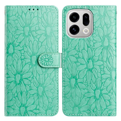 Green daisy embossed leather phone case with folio wallet and magnetic strap