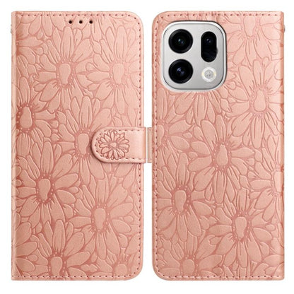 Pink daisy embossed leather phone case with folio wallet and magnetic strap