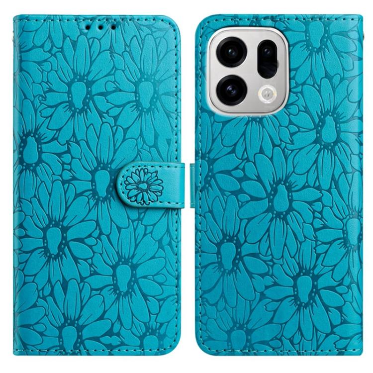 Blue daisy embossed leather phone case with folio wallet and magnetic strap