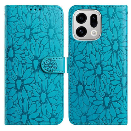 Blue daisy embossed leather phone case with folio wallet and magnetic strap
