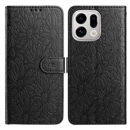 Black daisy embossed leather phone case with folio wallet and magnetic strap