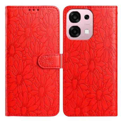 Red daisy embossed leather phone case with folio wallet and magnetic strap