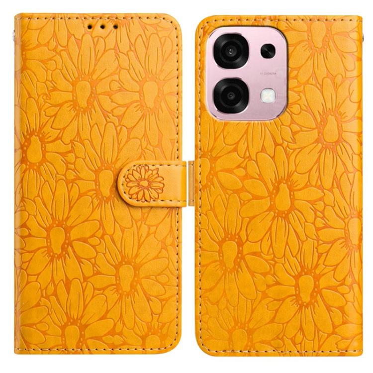 Yellow daisy embossed leather phone case with folio wallet and magnetic strap