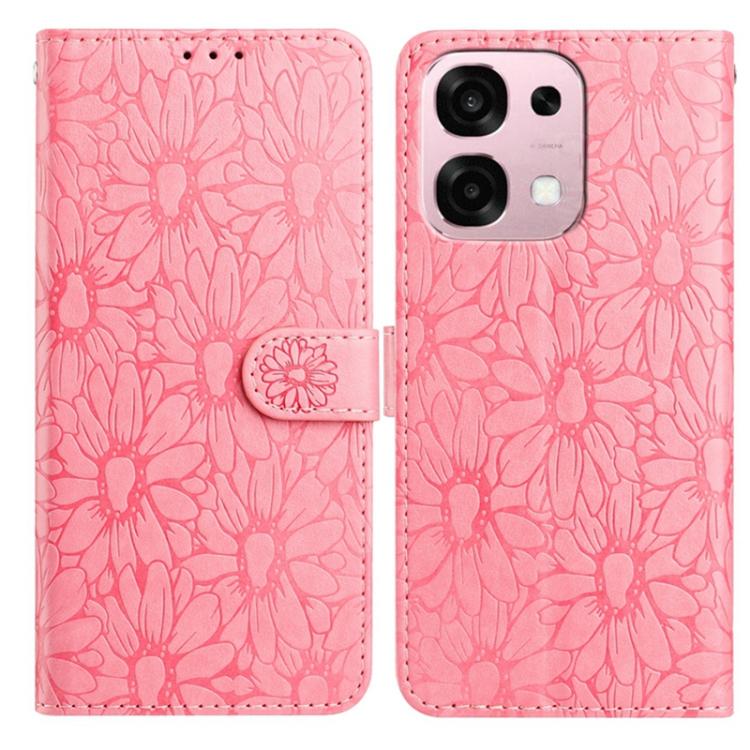 Rose pink daisy embossed leather phone case with magnetic folio flap and camera cutout