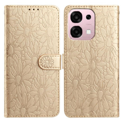 Beige daisy embossed leather phone case with folio wallet and magnetic strap