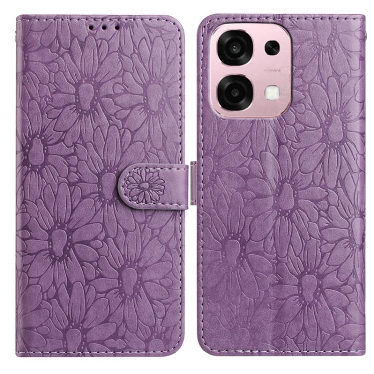 Purple daisy embossed leather phone case with folio flap and strap, for phone back cover