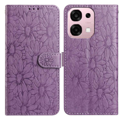 Purple daisy embossed leather phone case with folio flap and strap, for phone back cover