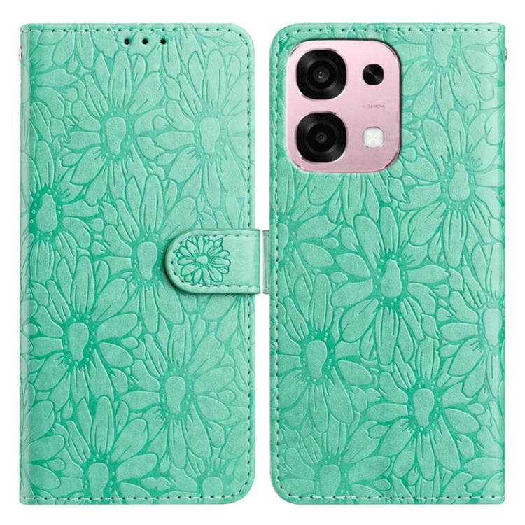 Green daisy embossed leather phone case with folio flap and strap, phone back cover