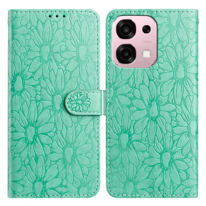Green daisy embossed leather phone case with folio flap and strap, phone back cover
