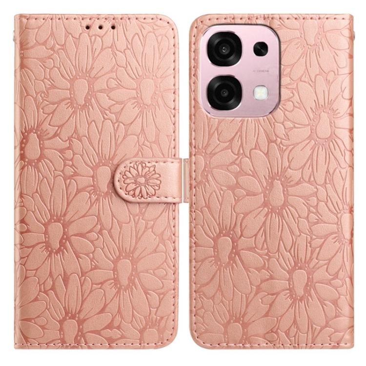 Pink daisy embossed leather phone case with folio flap and strap, phone back cover