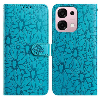 Blue daisy embossed leather phone case with folio flap and strap, phone back cover