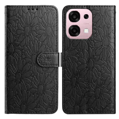 Black daisy embossed leather phone case with folio flap and strap, phone back cover