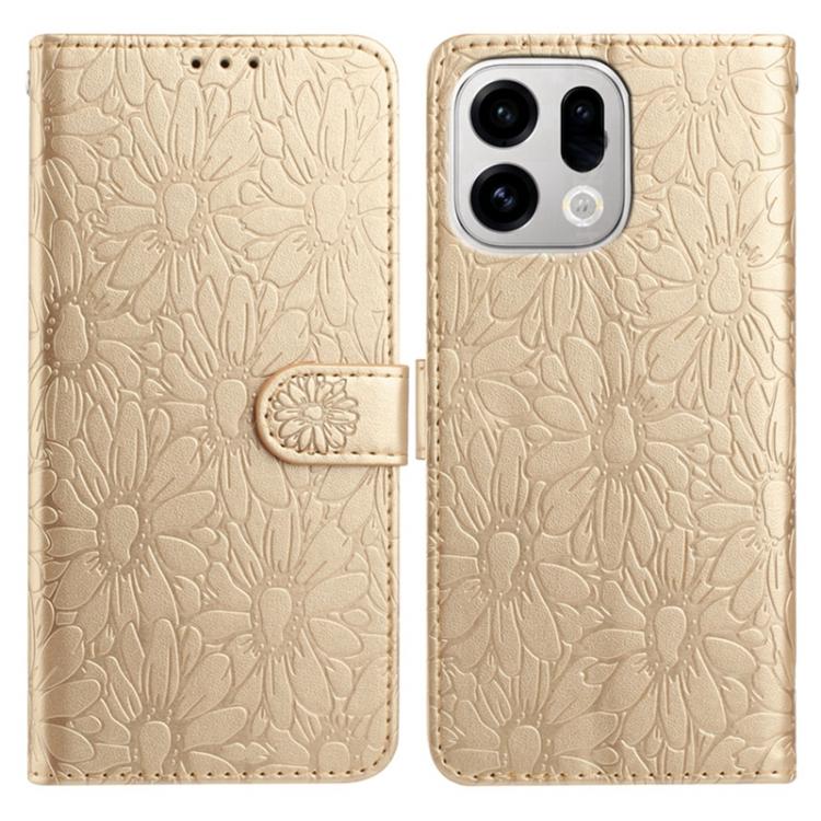 Beige daisy embossed leather phone case with folio flap and strap, phone back cover