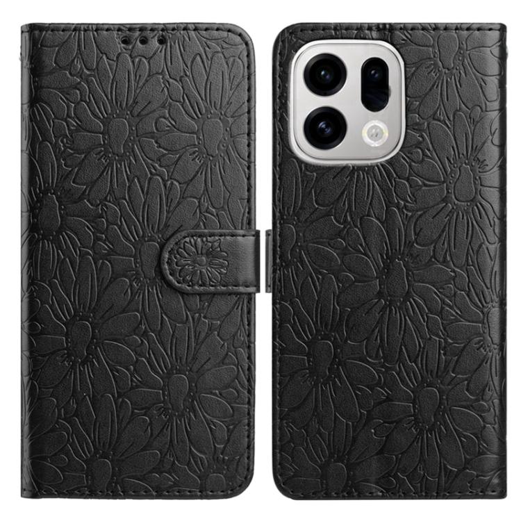 Black daisy embossed leather phone case with magnetic flap and card holder