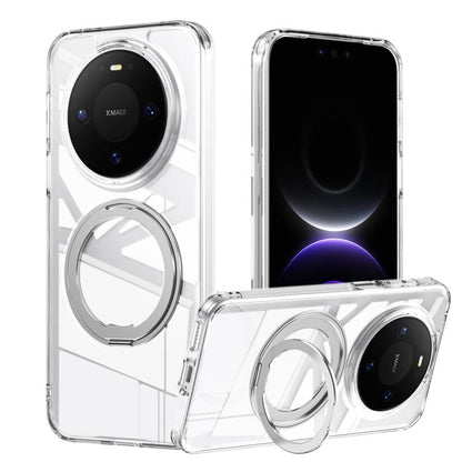 Clear frosted phone case with MagSafe ring and 360° swivel stand, front and back views