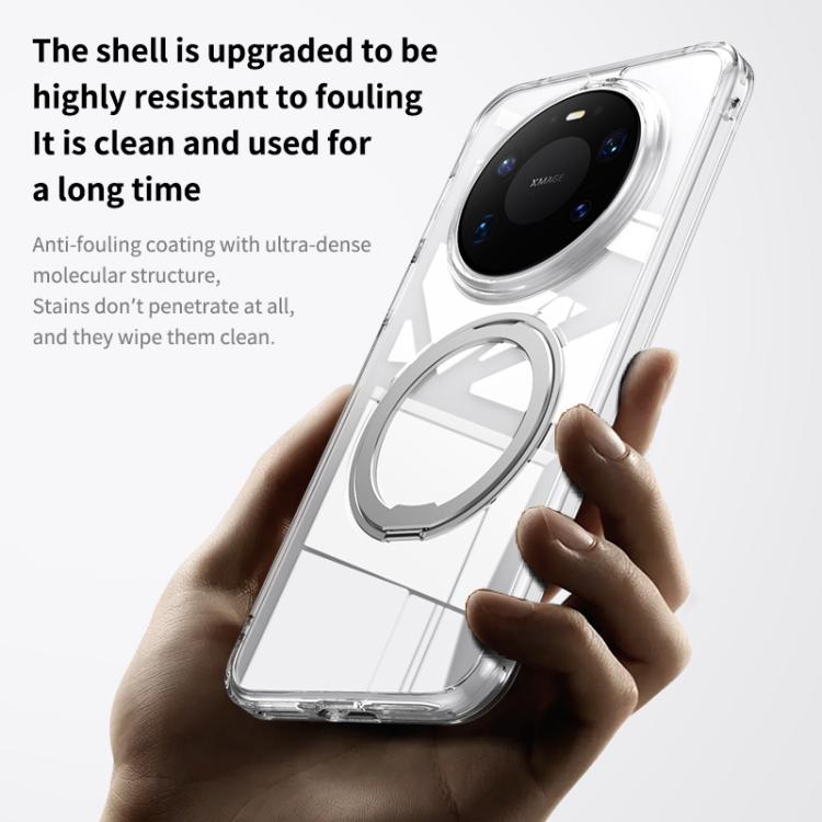 Clear frosted phone case with MagSafe ring; camera cutout and raised swivel stand