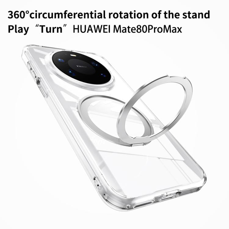 Clear frosted phone case with MagSafe ring and side stand, angled 360° swivel