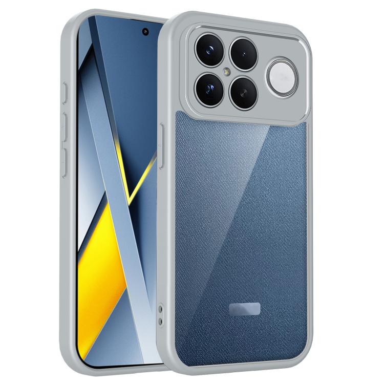 Shockproof matte phone case in light grey with fabric-like back and circular ring detail
