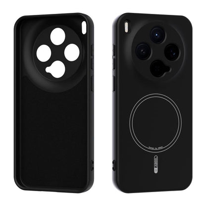 Black liquid silicone MagSafe phone case with circular magnetic ring on back