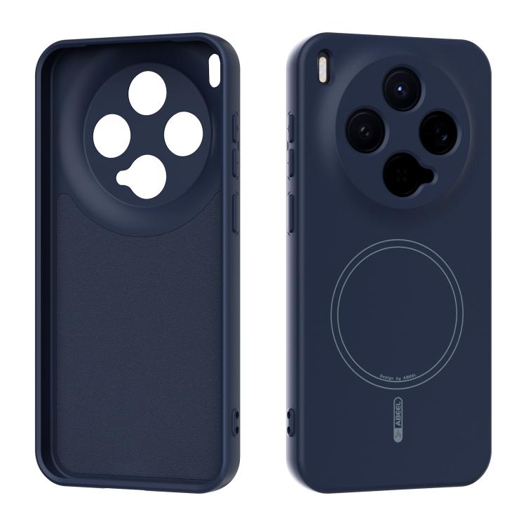 Dark navy liquid silicone MagSafe phone case with circular magnetic ring on back
