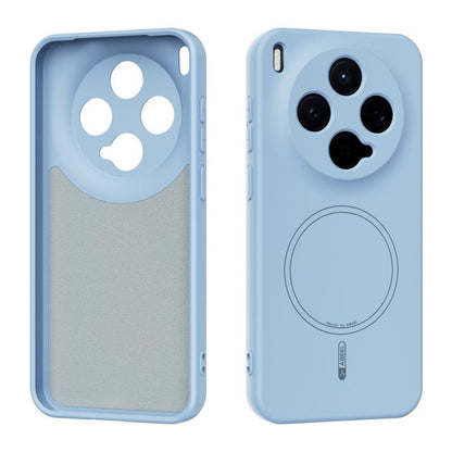 Light blue liquid silicone phone case with MagSafe ring, camera and button cutouts