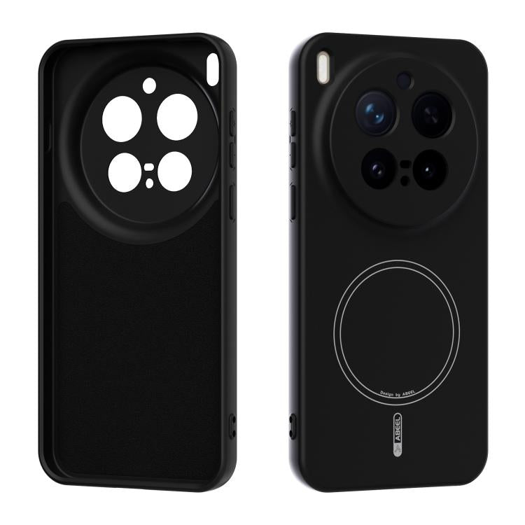 Black liquid silicone MagSafe phone case with circular magnetic ring on back