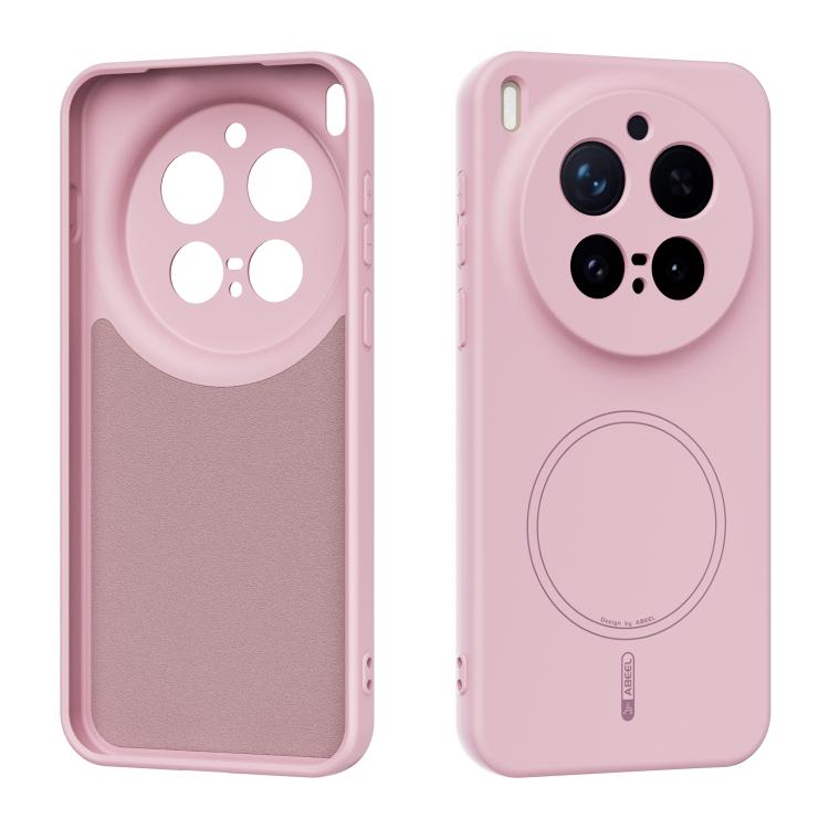 Pink liquid silicone MagSafe phone case with circular magnetic ring on back