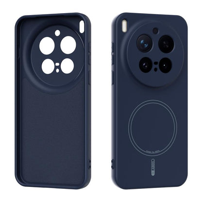 Navy blue liquid silicone MagSafe phone case with circular magnetic ring on back