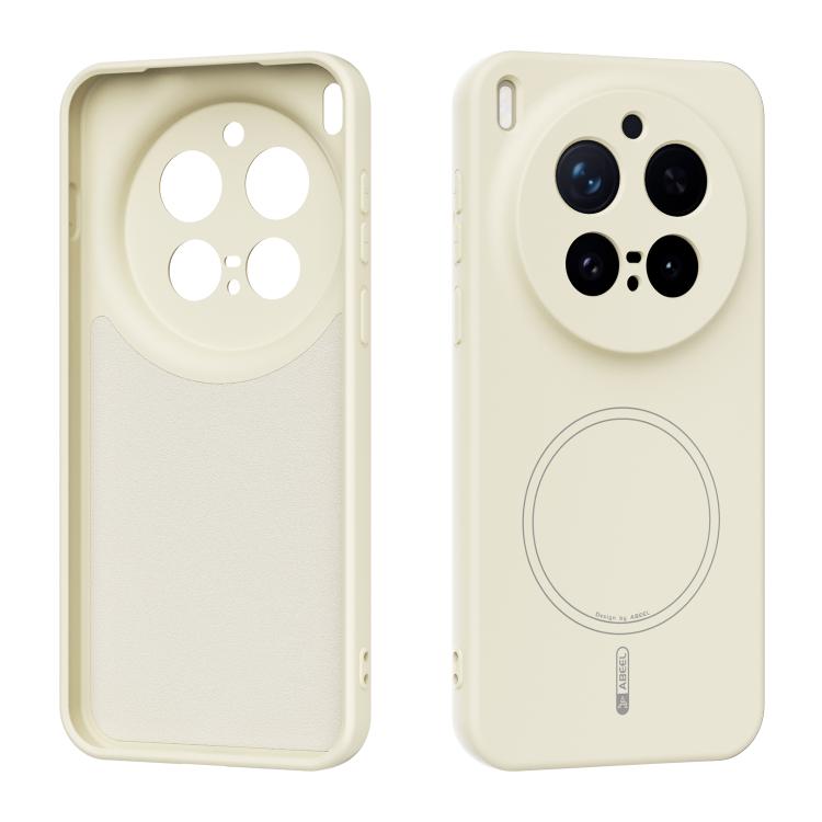 Cream liquid silicone MagSafe phone case with circular magnetic ring on back