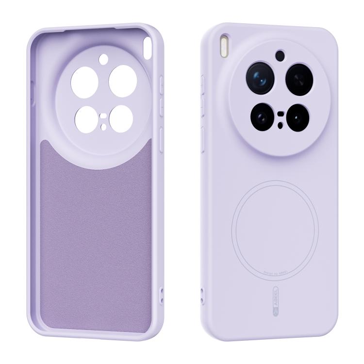 Lilac purple liquid silicone MagSafe phone case with circular magnetic ring on back