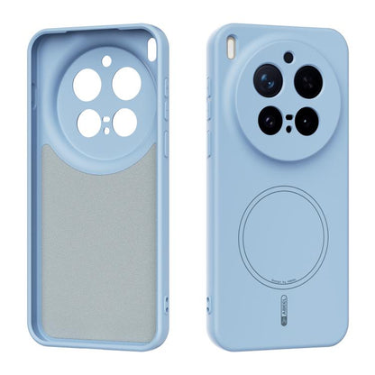 Light blue liquid silicone MagSafe phone case with circular magnetic ring on back