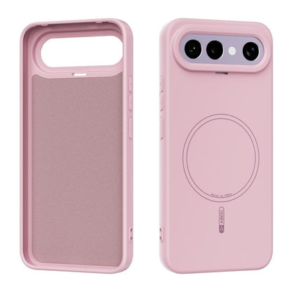Pink liquid silicone phone case with MagSafe ring and protective raised edges