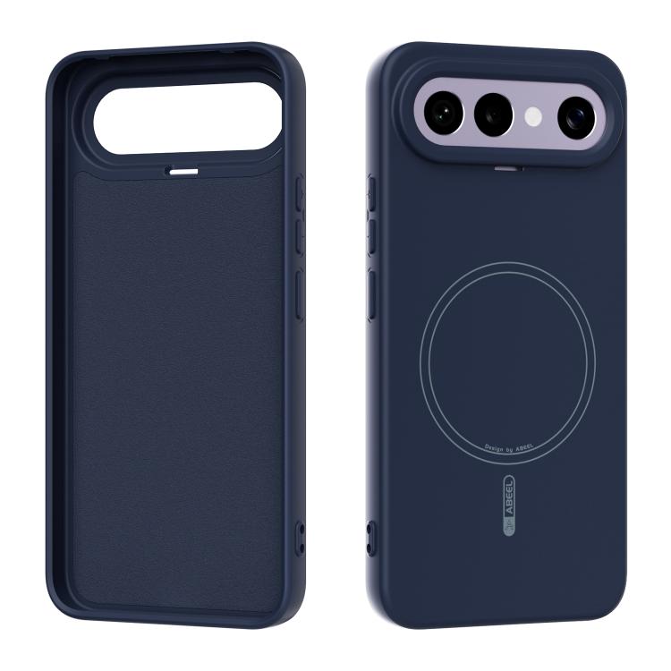 Navy blue liquid silicone phone case with MagSafe ring and camera cutouts