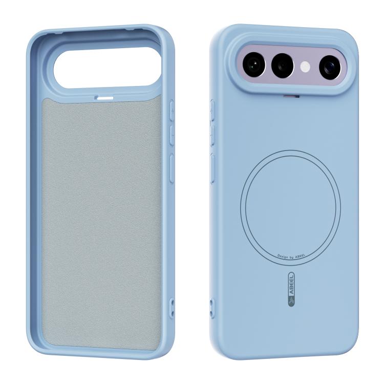 Sky blue liquid silicone MagSafe phone case with circular magnetic ring detail