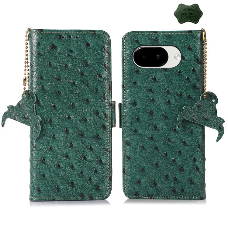 Green genuine leather RFID phone case with ostrich texture, beaded chain, bird side charm