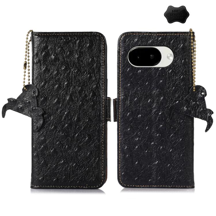Black genuine leather RFID phone case, ostrich-grain texture, beaded chain, bird charm